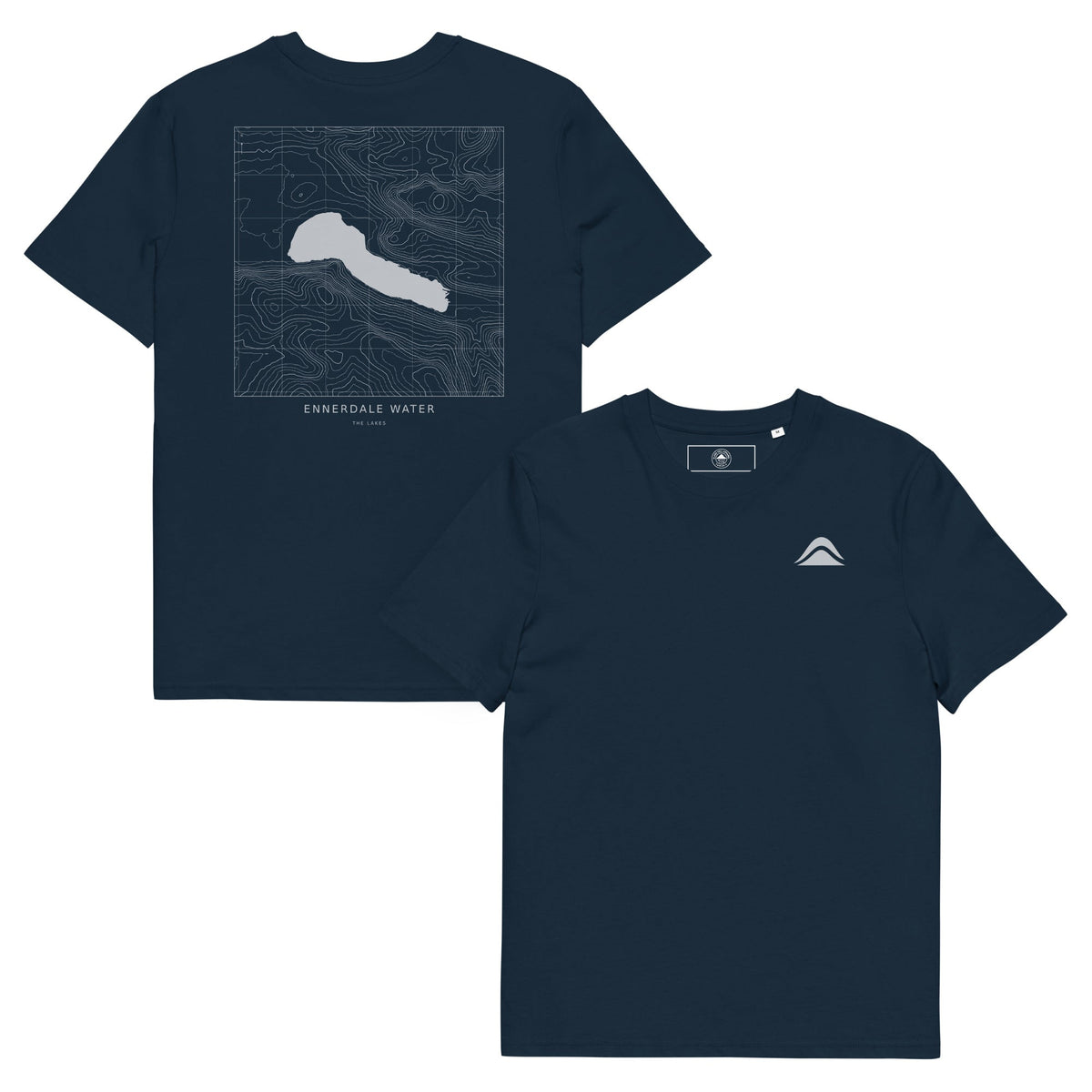 Front and back views of Ennerdale Water organic cotton T-shirt with mountain logo and contour design