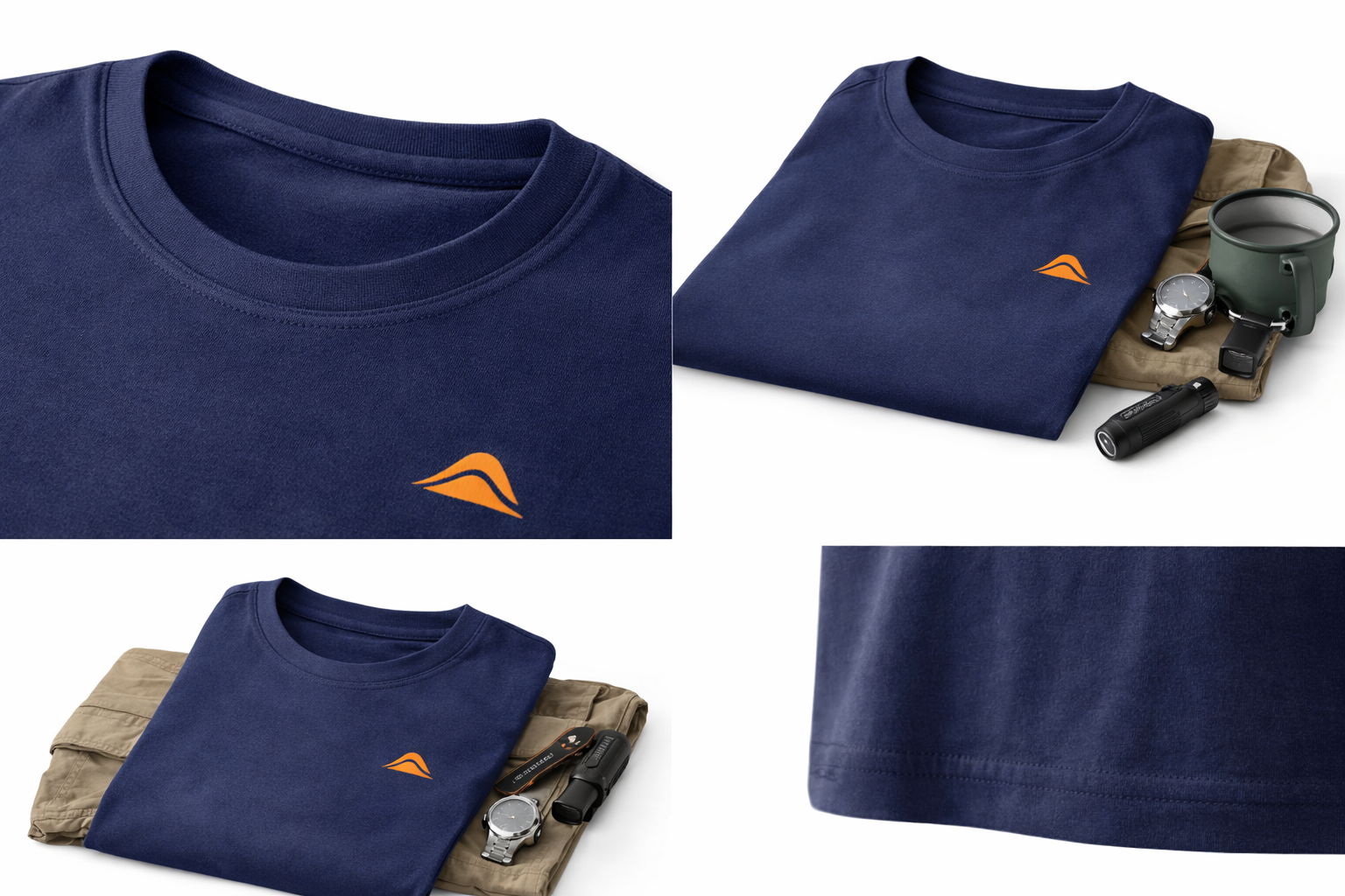 Collage of navy blue t-shirt with orange logo on a white background