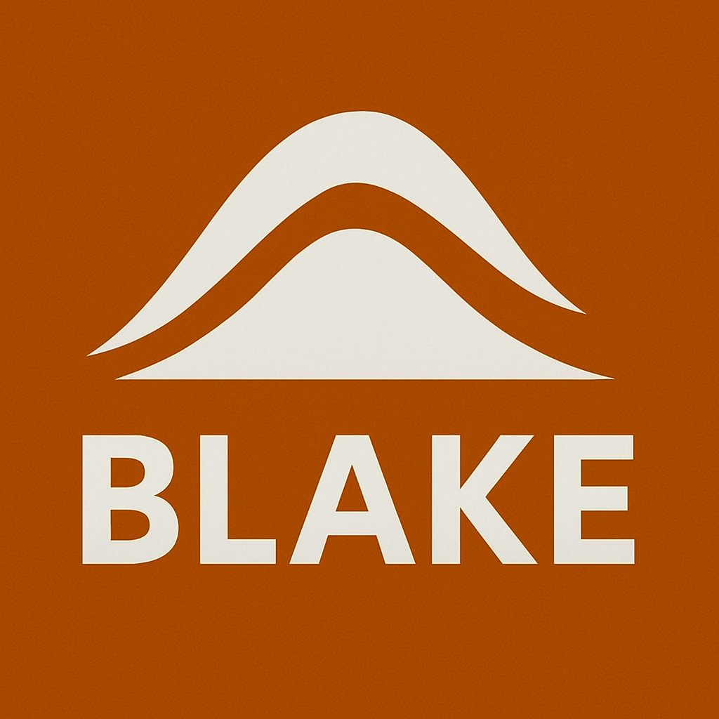 Logo with a mountain design and 'BLAKE' text on a brown background