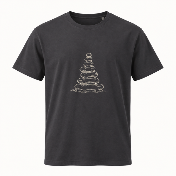 Cairn Stack anthracite T-shirt, front view on a clean studio background