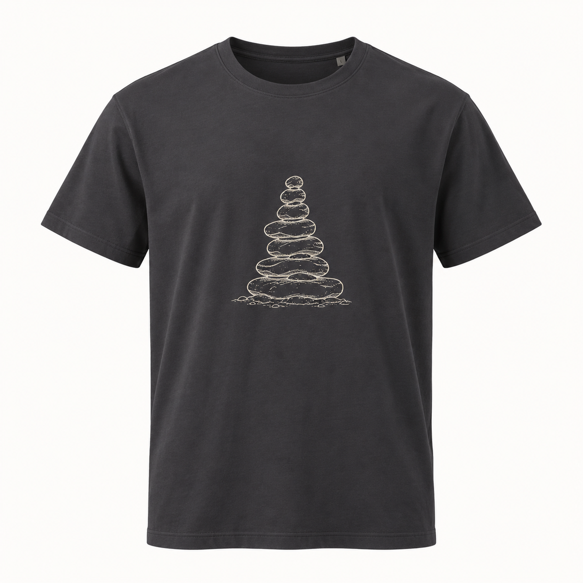 Cairn Stack anthracite T-shirt, front view on a clean studio background