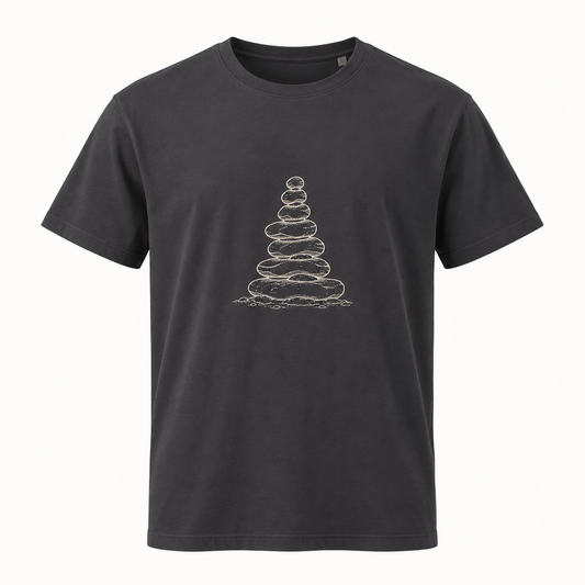 Cairn Stack anthracite T-shirt, front view on a clean studio background