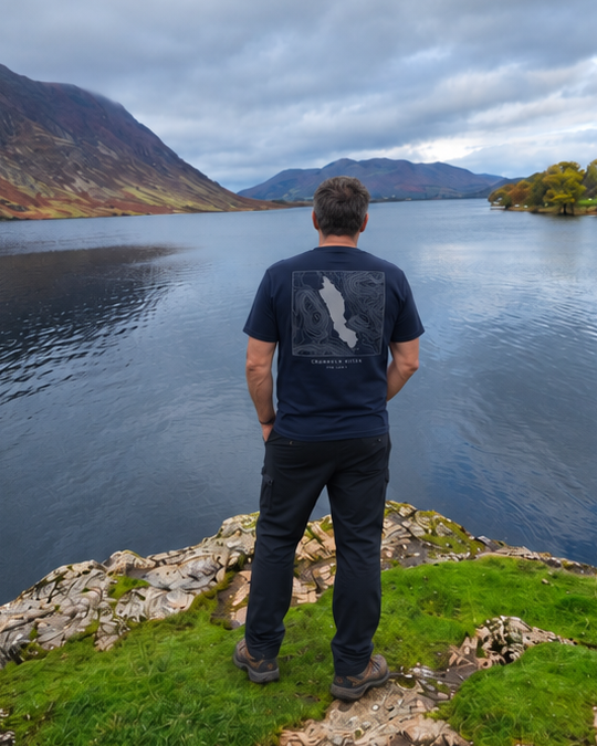 Crummock Water contour T-shirt in navy, photographed overlooking Crummock Water