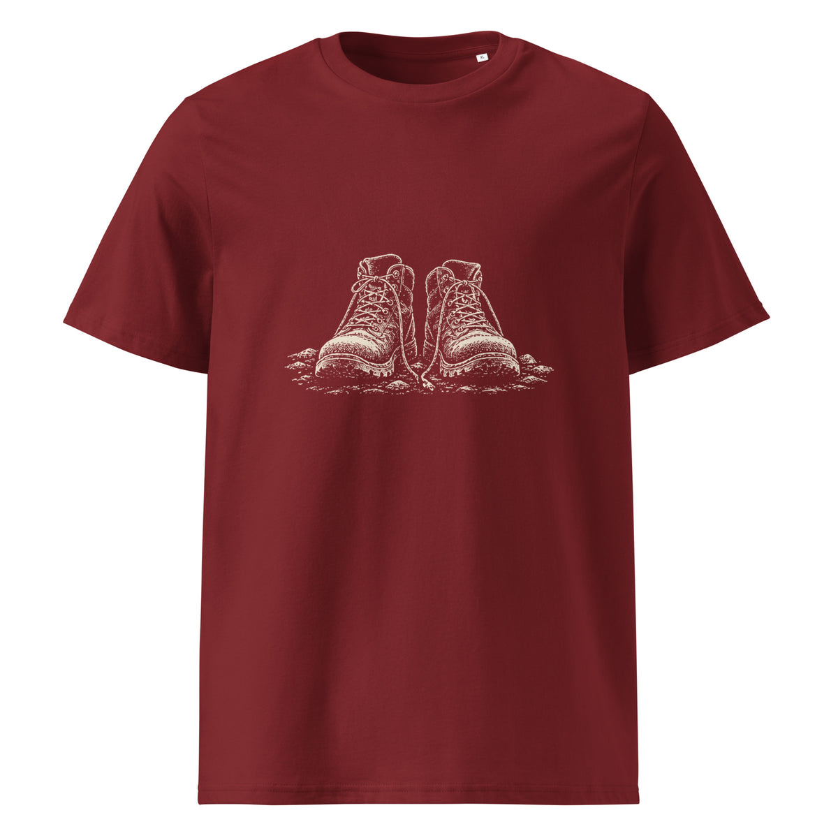 Walking Boots Organic Cotton Tee in Burgundy, front view