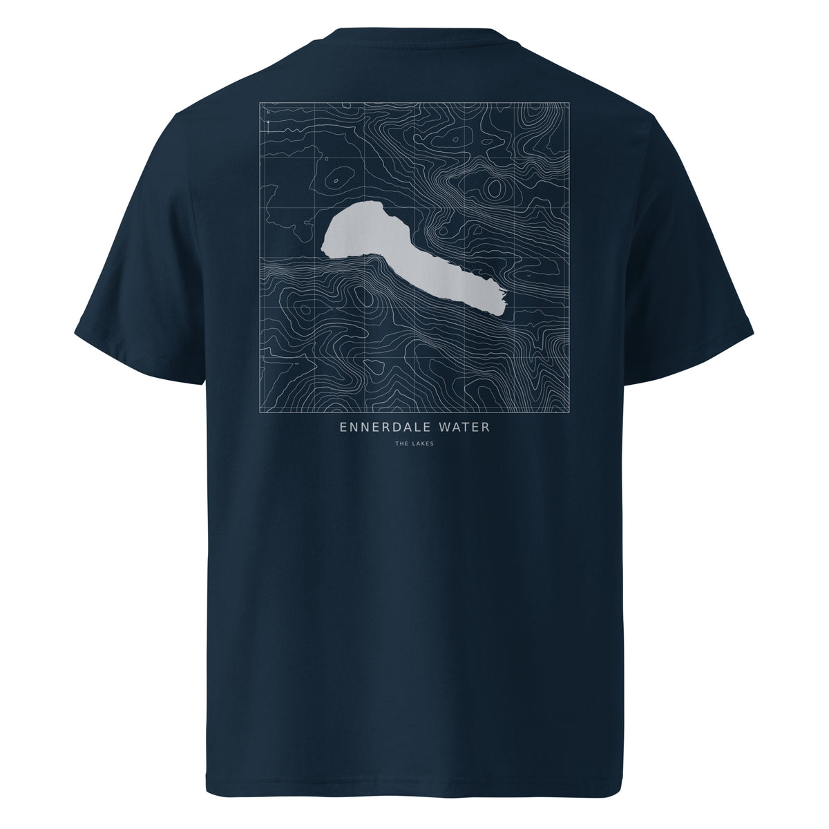 Back view of French Navy Ennerdale Water contour T-shirt showing the silver grey map graphic