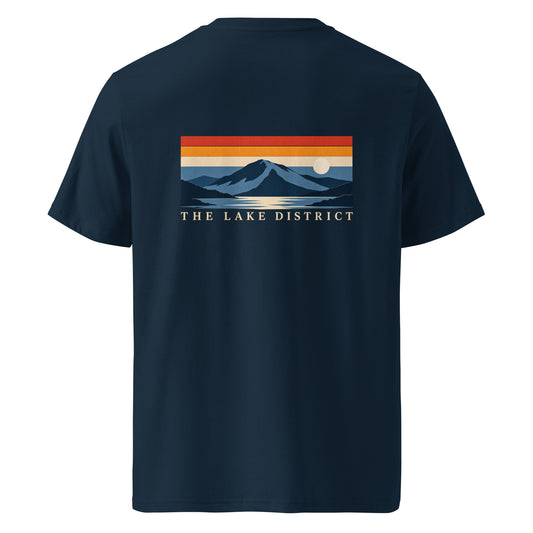 Retro Lake District Sunset T-Shirt in French Navy, back view