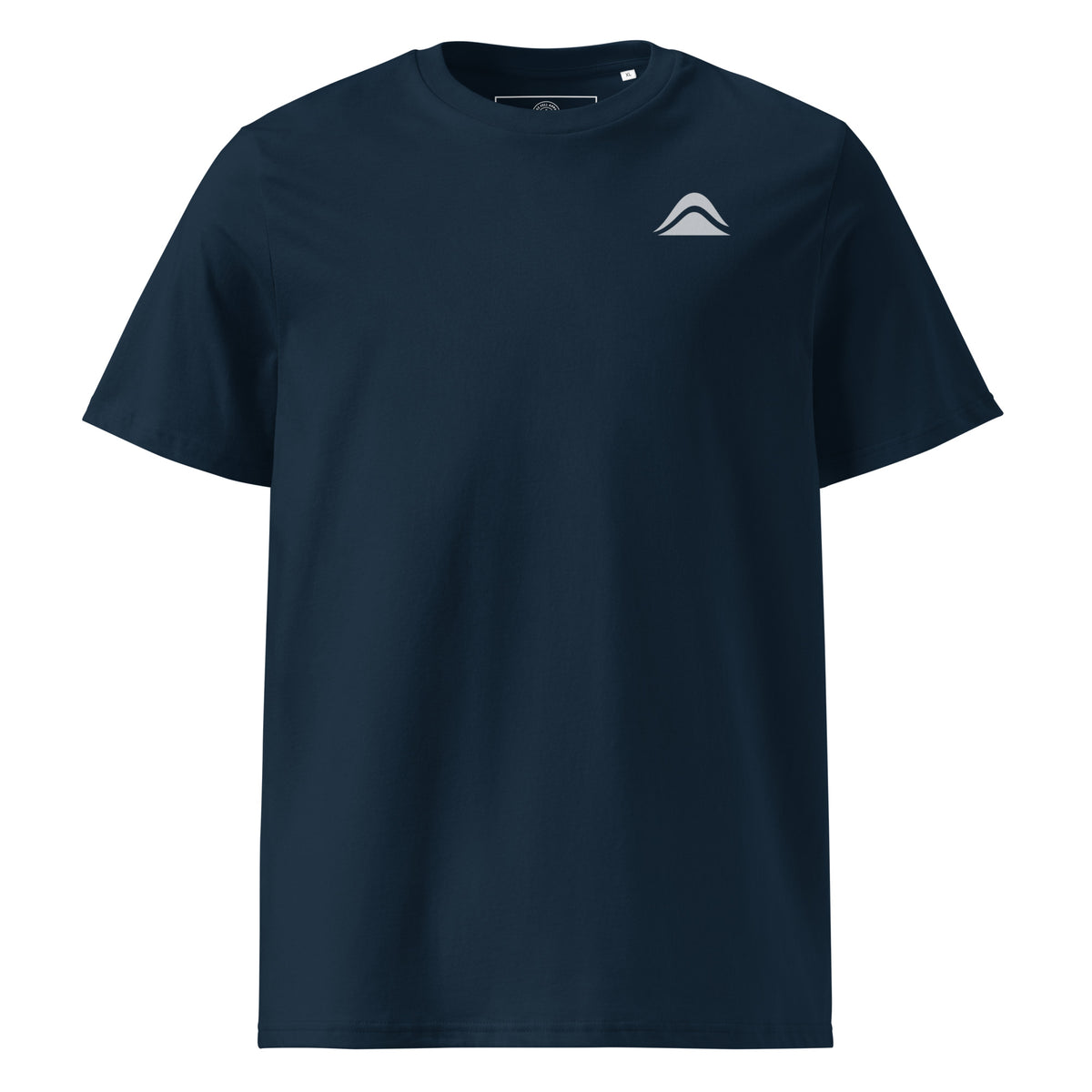 Front view of French Navy organic cotton Ennerdale Water T-shirt showing small Blake Fell mountain logo